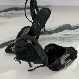 Jessica Simpson ankle wrap camo heels with open toe